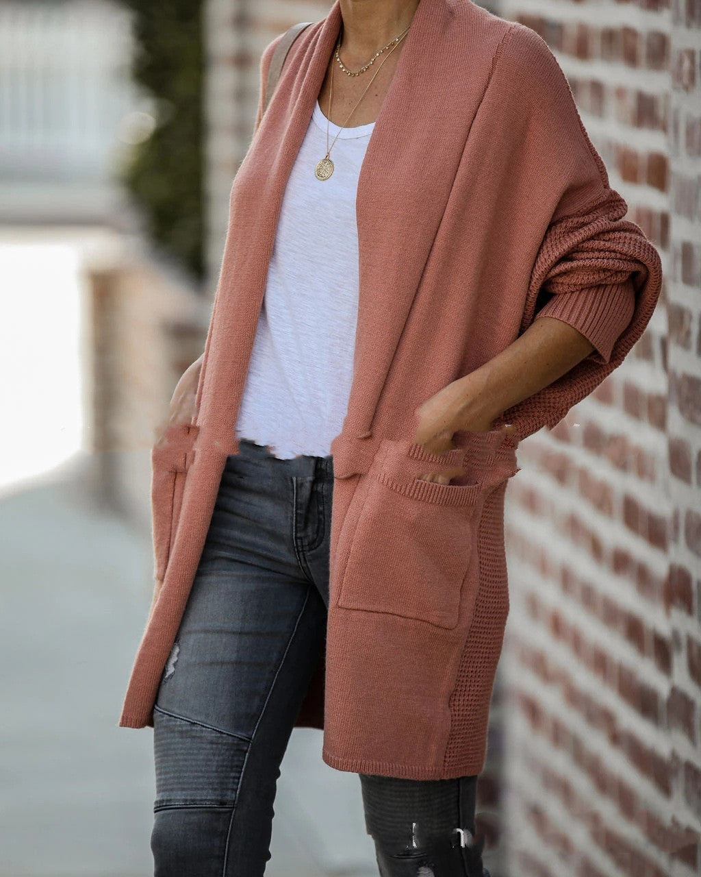 Knit Cardigan with Bat Sleeves and Pockets in 2 Colors S-XL