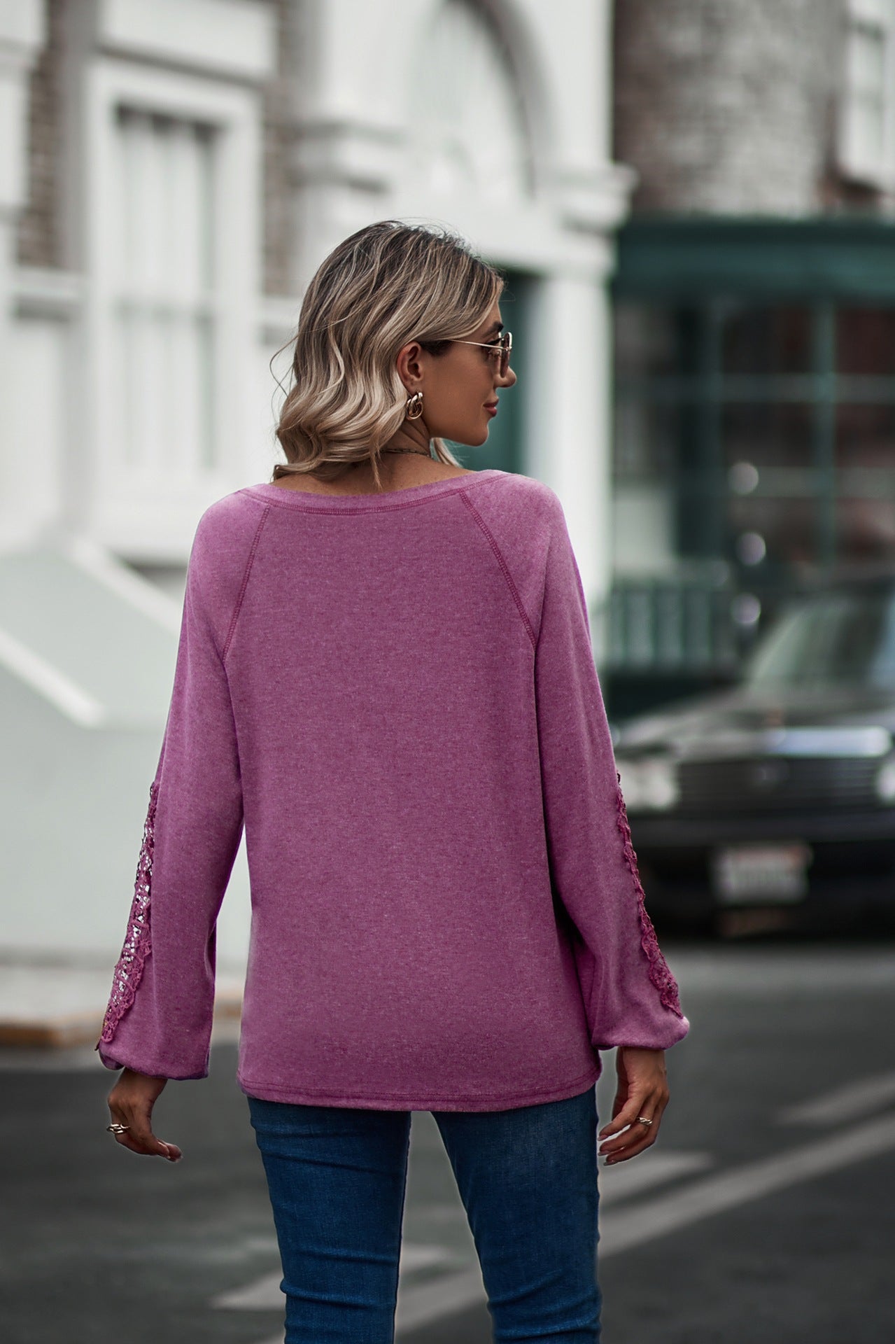 V-Neck Long Sleeve Top with Lace Detail in 5 Colors Sizes 4-20