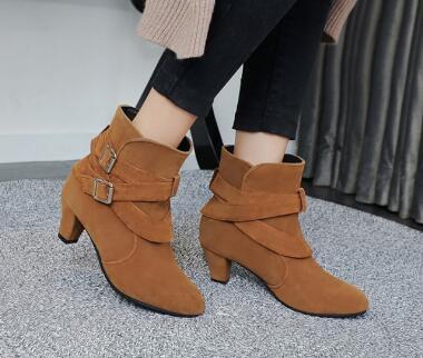 Suede Thick High Heel Ankle Boots with Belt Buckle