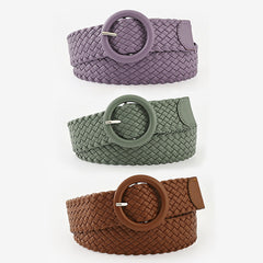 Woven Solid Colour Belt with Round Buckle