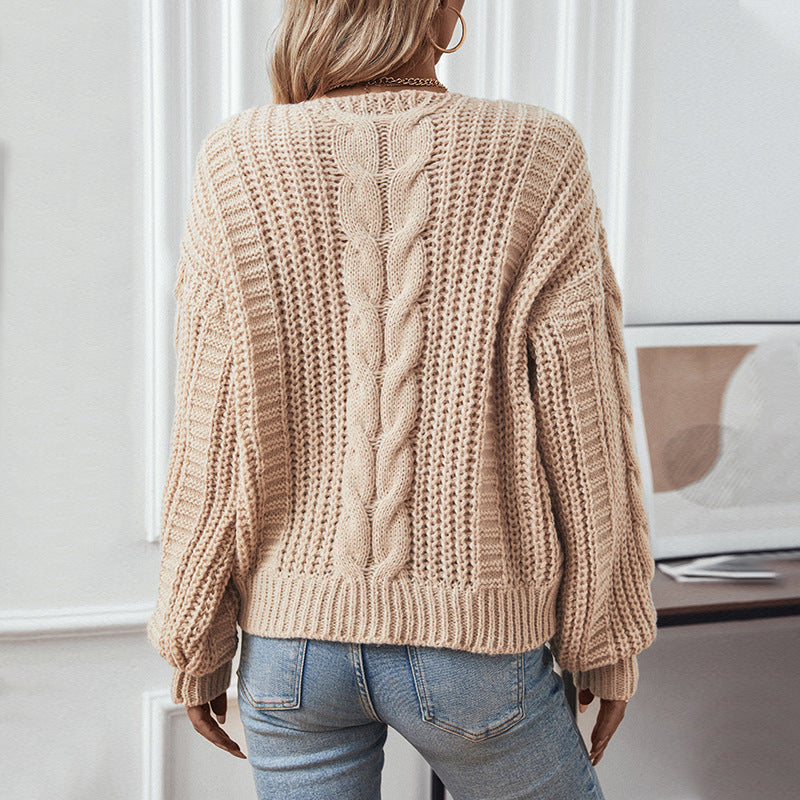 Lantern Sleeve Twist-Knit V-Neck Sweater
