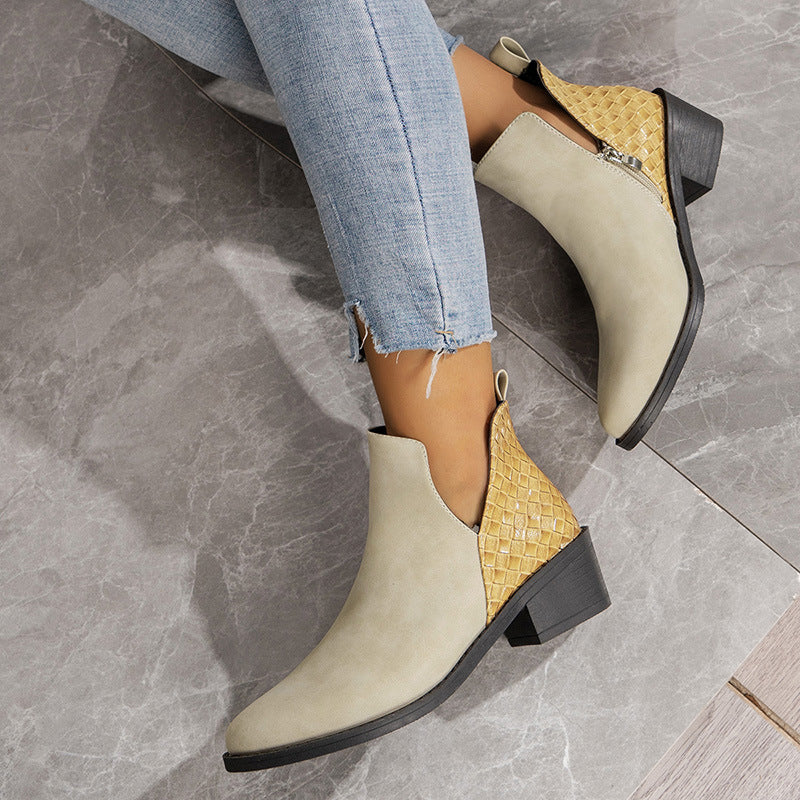 Leather Side Zip Square Heel Ankle Boots in 2 Colors