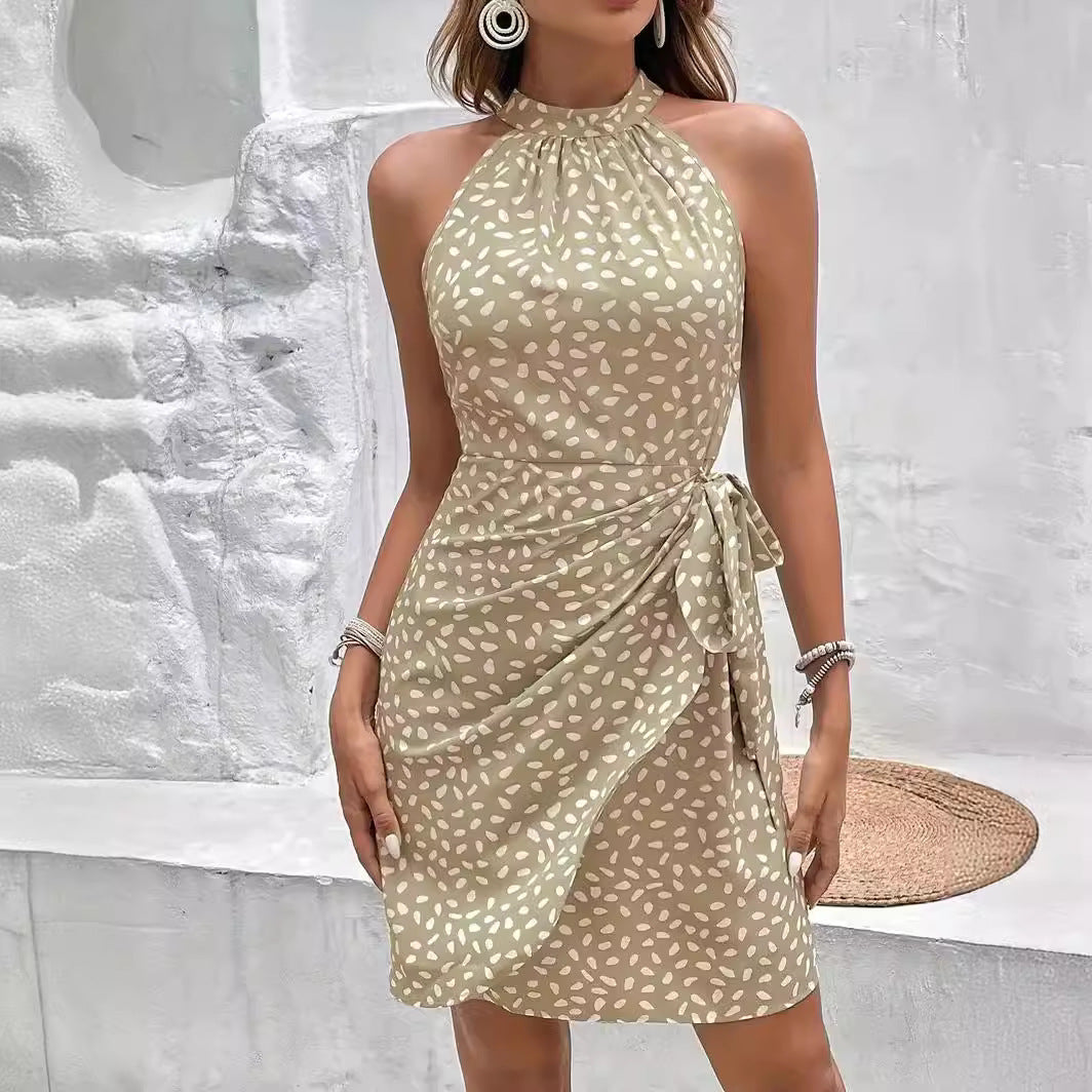 Sleeveless Halter Neck Polka Dot Midi Dress with Side Tie
