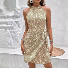 Sleeveless Halter Neck Polka Dot Midi Dress with Side Tie