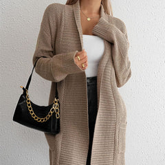 Solid Colour Mid-Thigh Knit Cardigan with Pockets