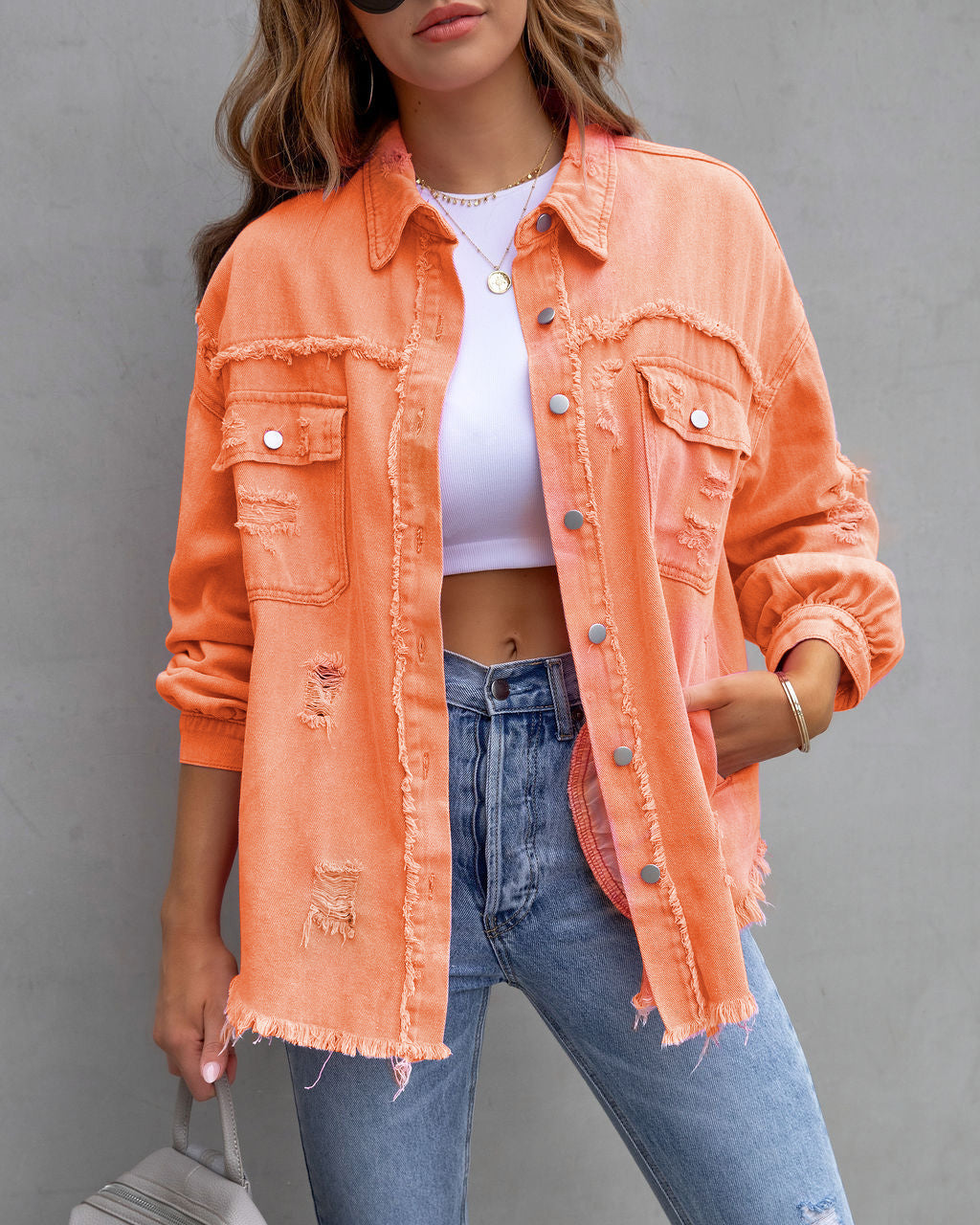 Ripped Button Shirt Jacket with Raw Hem