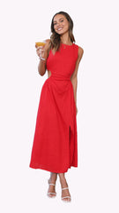 Sleeveless A-Line Midi Dress with Leg Slit