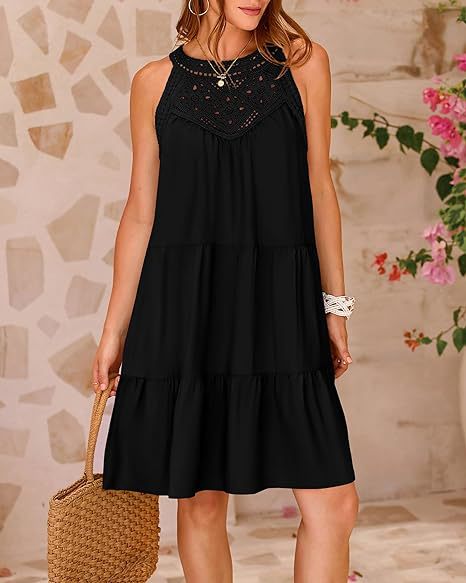 Halterneck Loose Fit Sleeveless Summer Dress with Lace in 8 Colors S-XXL