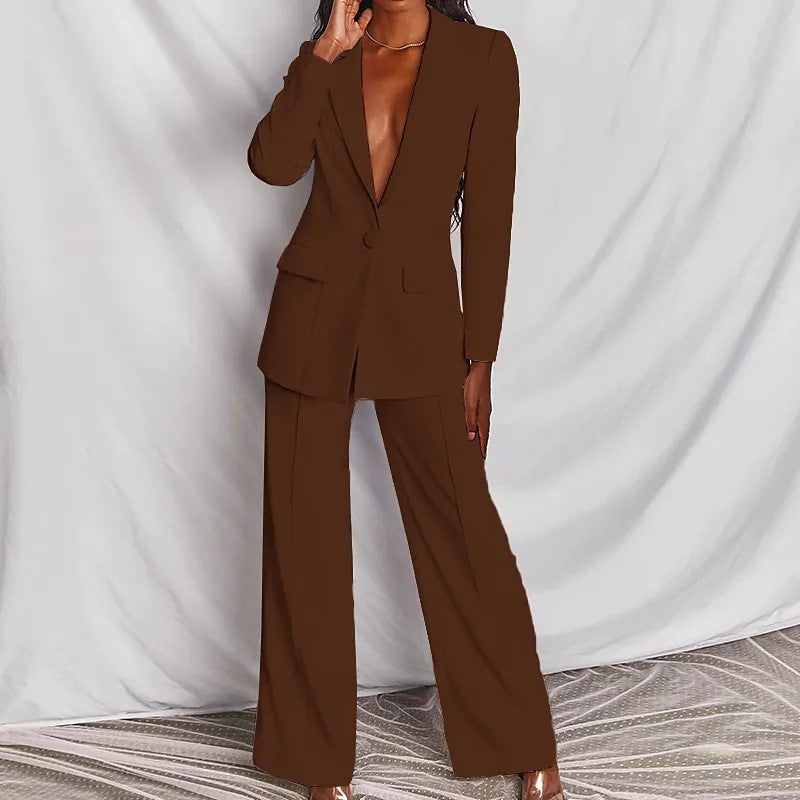 Business Suit with Long Sleeve Jacket and Wide Leg Pants
