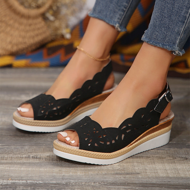 Solid Color Thick Sole Wedge Sandals with Ankle Strap