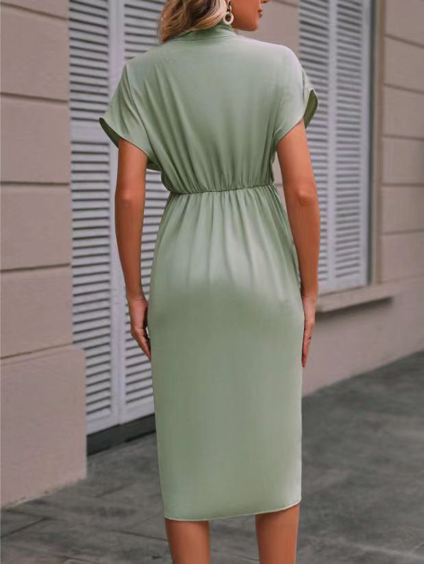 Elegant Pleated V-Neck Short Sleeve Wrap Midi Dress