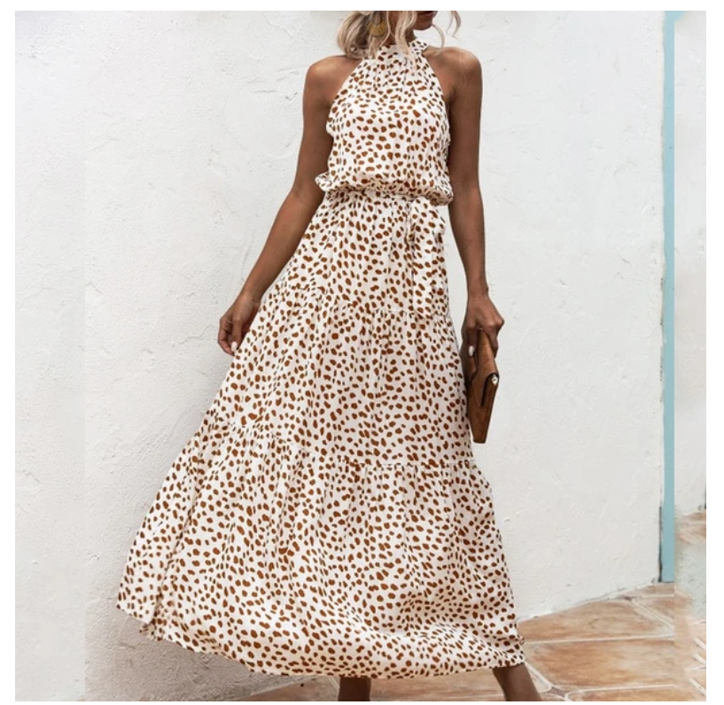 Sleeveless Halter Neck Maxi Dress with Waist Tie in 10 Colors S-XL