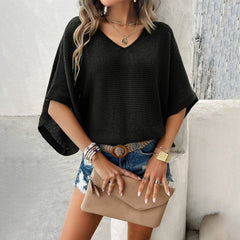 V-Neck Bat Wing Loose Knit Short Sleeve Top
