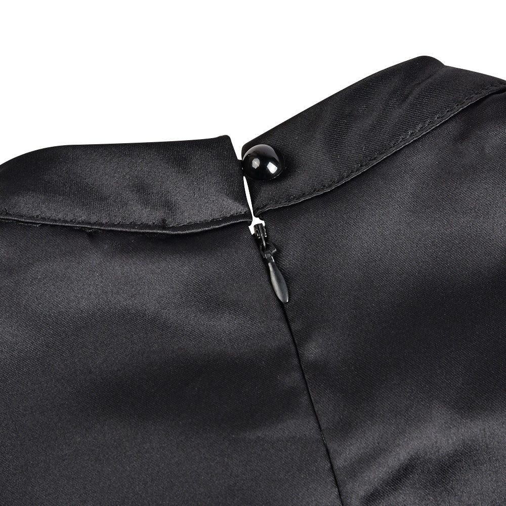 Schwarzes kurzärmliges Midikleid mit hohem Halsausschnitt und Taschen S-XXL