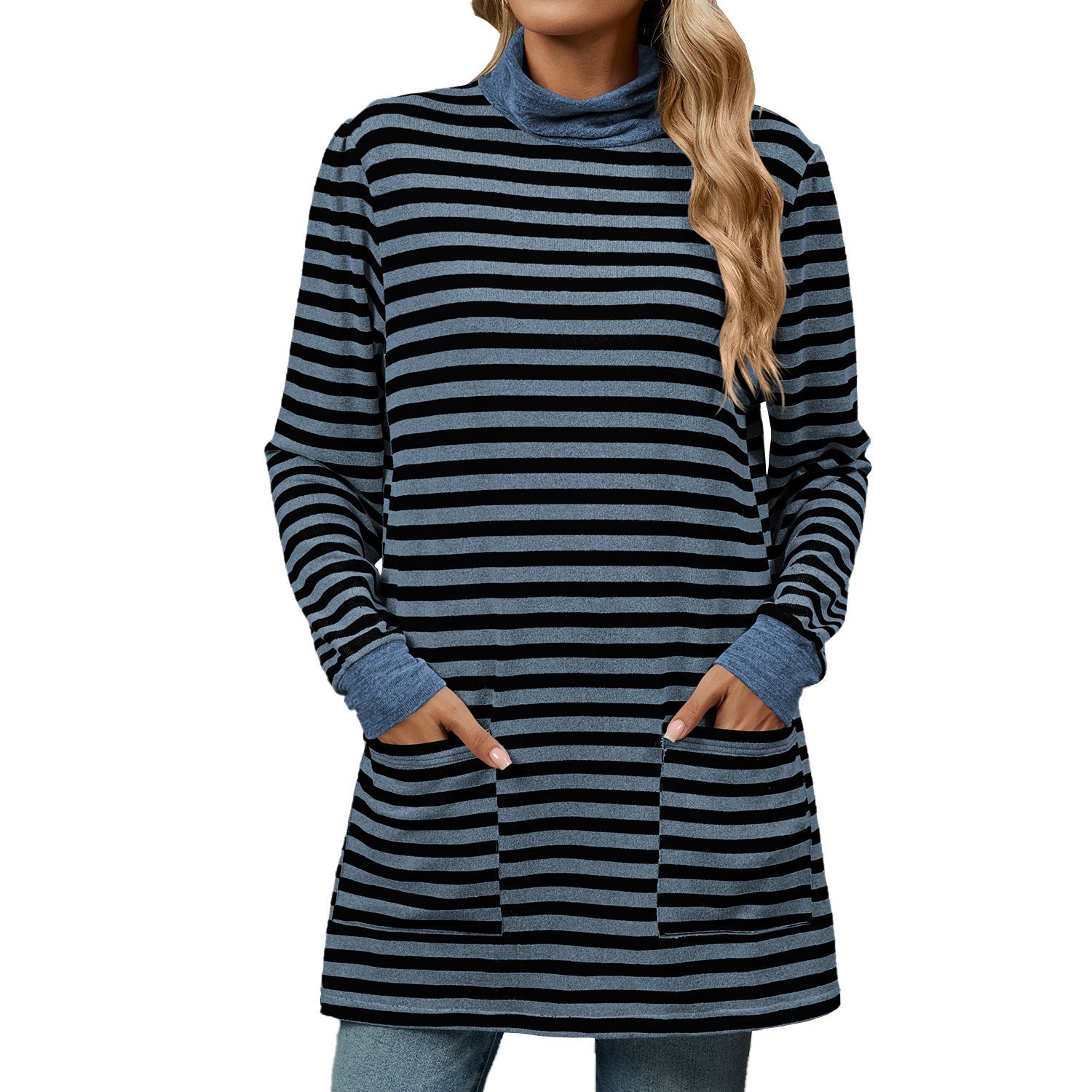 Turtleneck Striped Long Sleeve Shirt with Pockets