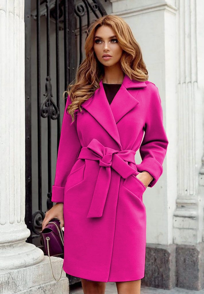 Long Sleeve Woolen Coat with Waist Tie and Pockets in 7 Colors S-XXL
