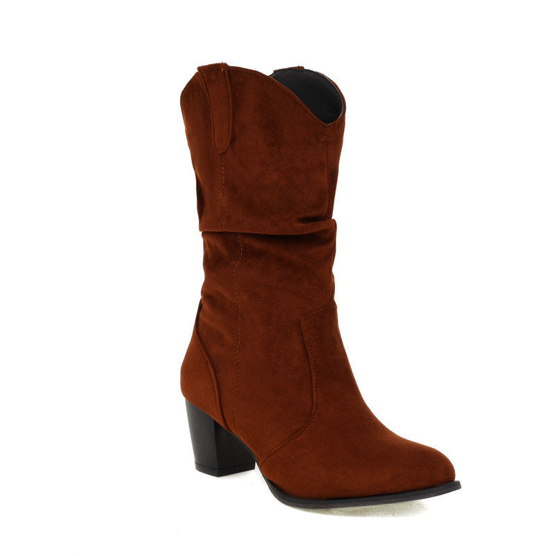 Suede Chunky Heel Mid-Calf Boots in 4 Colors