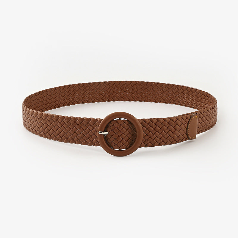 Woven Solid Colour Belt with Round Buckle