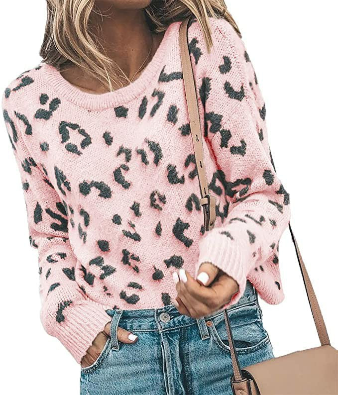 Round Neck Leopard Print Sweater in 5 Colors S-XL