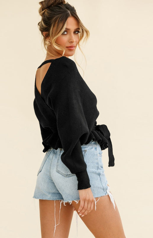 Long Sleeve V-Neck Knit Sweater with Waist Tie in 6 Colors S-XXL