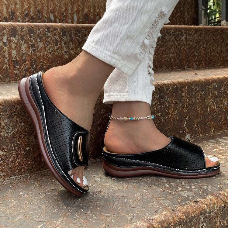 Round Toe PU Leather Slip-On Sandals with Short Wedge Heel in 3 Colors