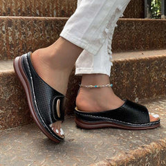 Round Toe PU Leather Slip-On Sandals with Short Wedge Heel in 3 Colors
