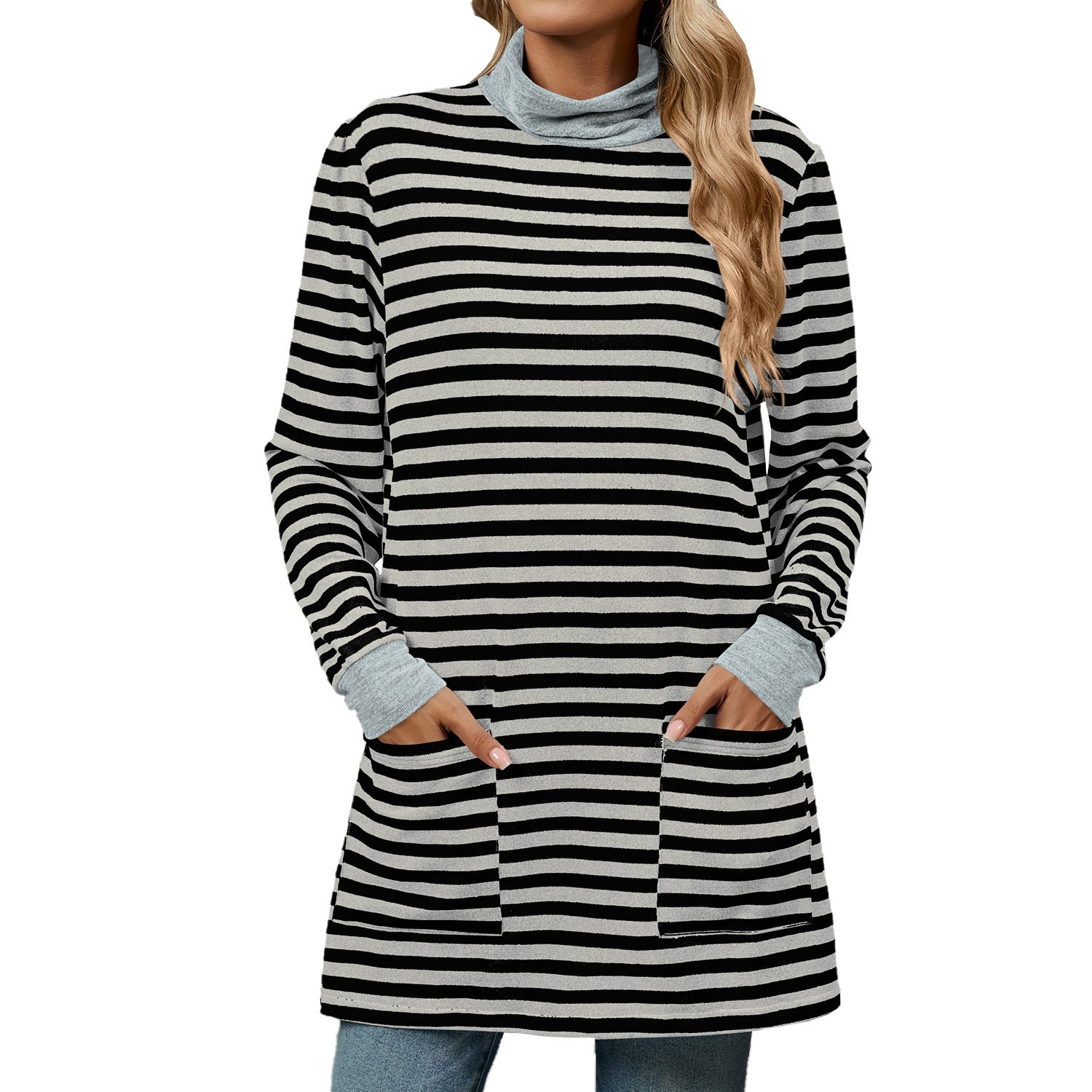 Turtleneck Striped Long Sleeve Shirt with Pockets