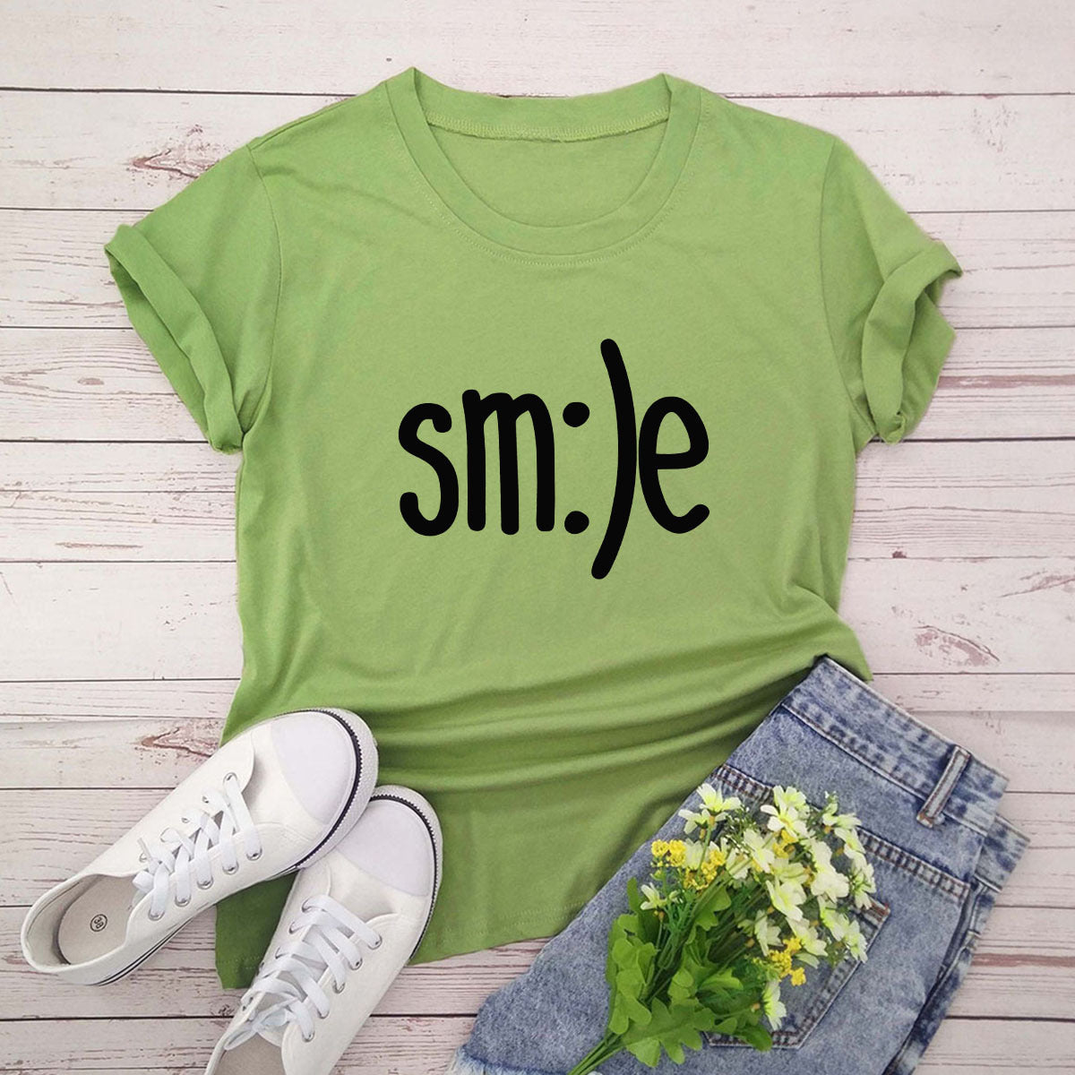 Smile Printed Short Sleeve Cotton Top in 12 Colors S-5XL