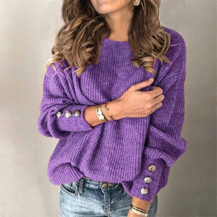 Long Sleeve Round Neck Knit Sweater with Buttons in 9 Colors S-5XL