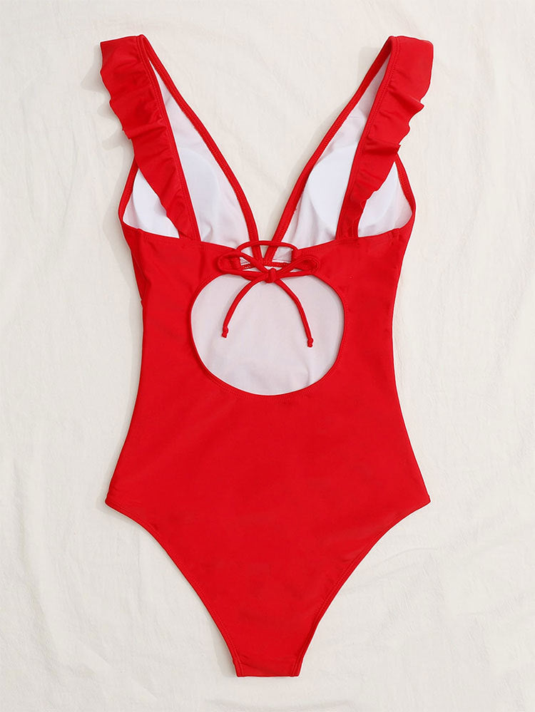 Ruffled V-Neck One Piece Swimsuit in 2 Colors S-XL