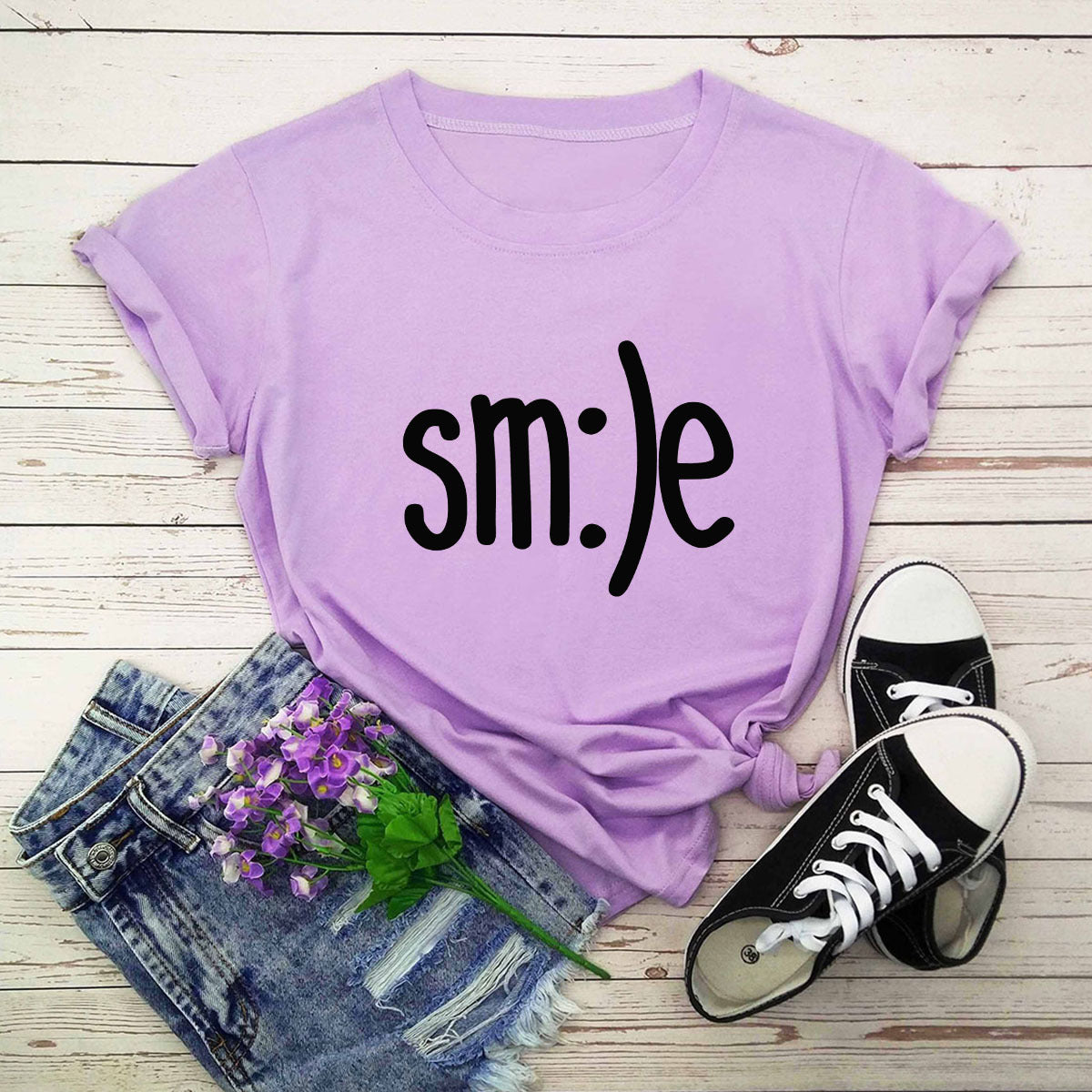 Smile Printed Short Sleeve Cotton Top in 12 Colors S-5XL