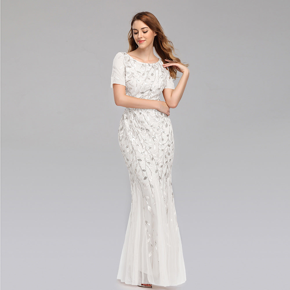 Elegant Short Sleeve Evening Gown with Chiffon and Lace Overlay
