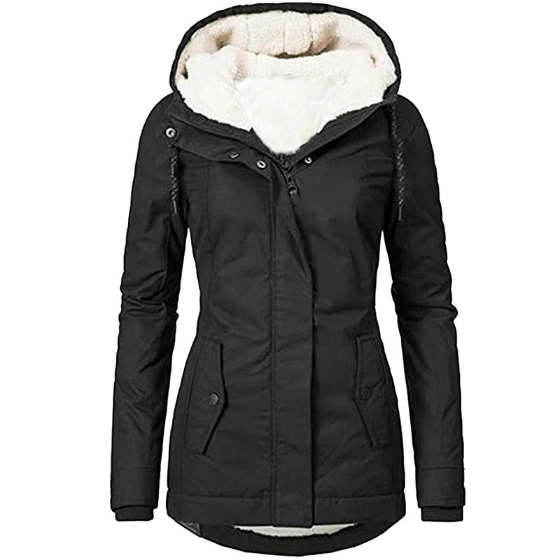 Solid Color Fleece-Lined Hooded Jacket