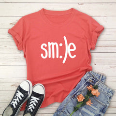 Smile Printed Short Sleeve Cotton Top in 12 Colors S-5XL