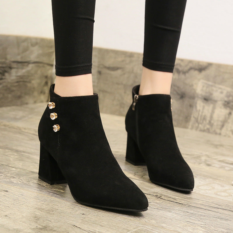 Suede Pointed Toe Thick Heel Martin Boots in 2 Colors