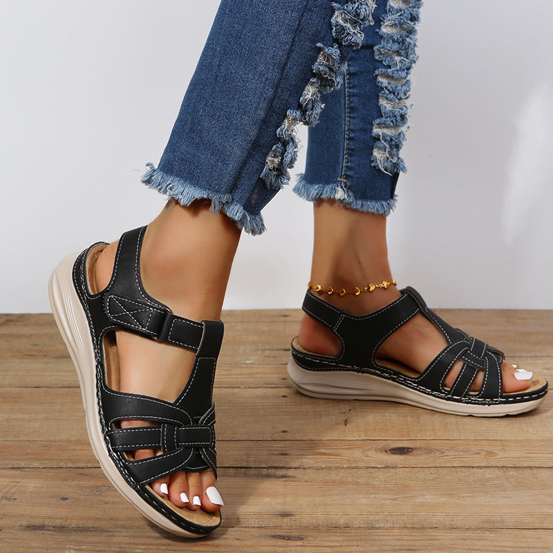 Strappy Flat Heel Sandals with Velcro Ankle Strap in 2 Colors