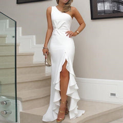 One Shoulder Ruffled Floor Length Evening Dress with Slit in 4 Colors S-3XL