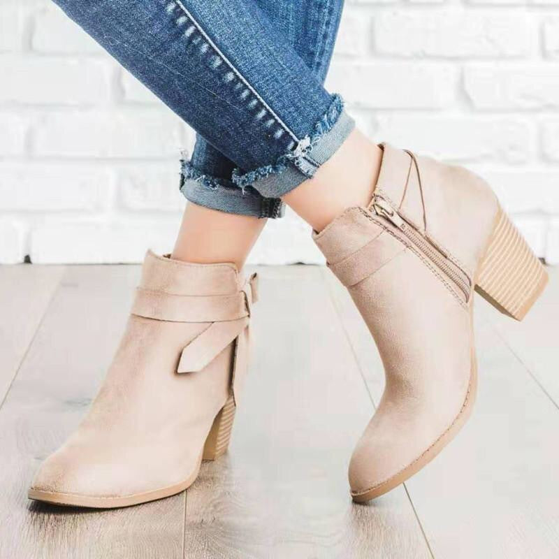 Suede Block Heel Ankle Boots with Side Zipper