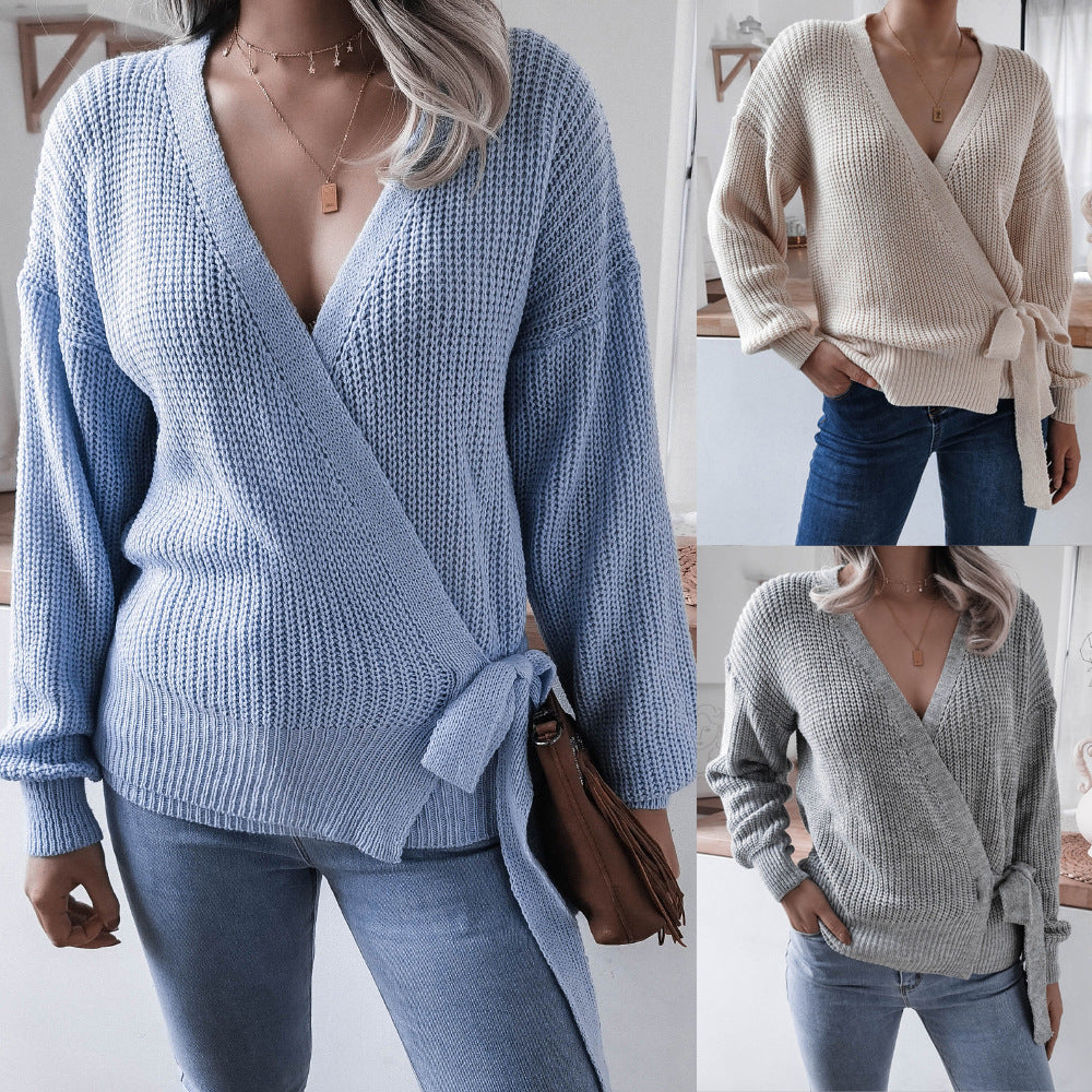 V-Neck Long Sleeve Wrap Knit Sweater with Waist Tie in 4 Colors S-XL
