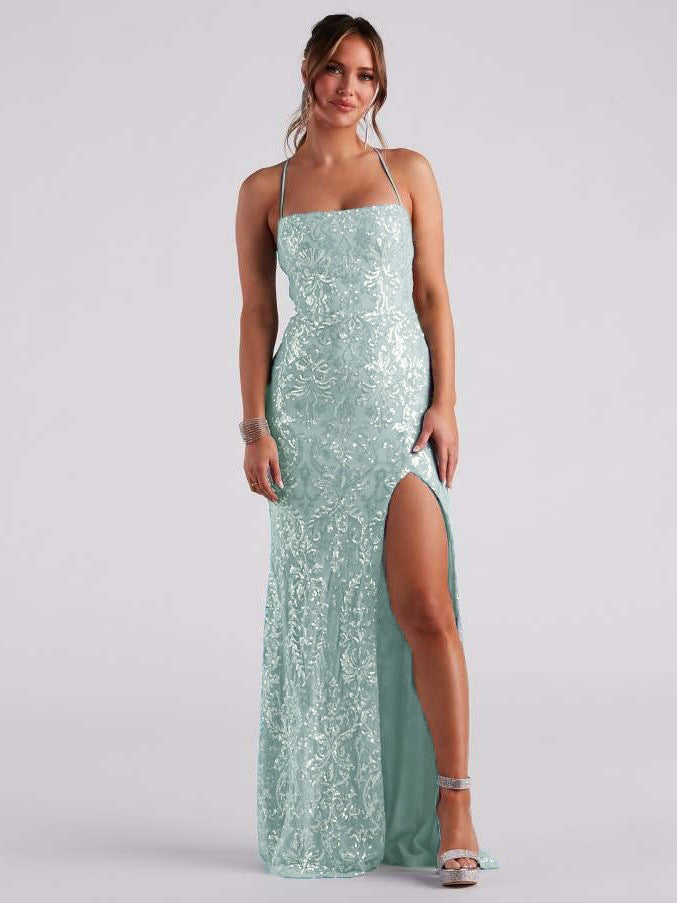 Sleeveless Floor-Length Sequinned Evening Dress