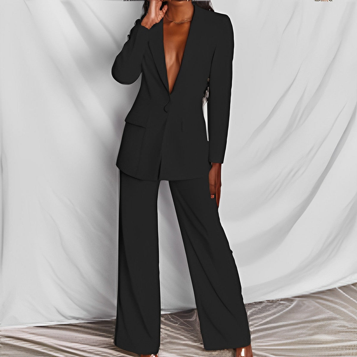 Business Suit with Long Sleeve Jacket and Wide Leg Pants