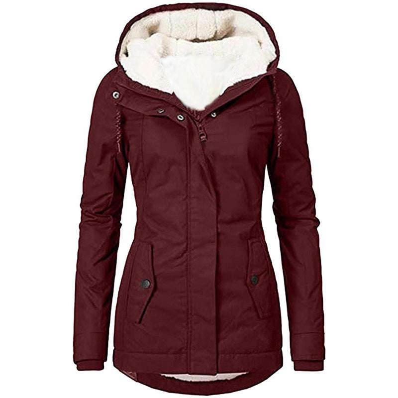Solid Color Fleece-Lined Hooded Jacket