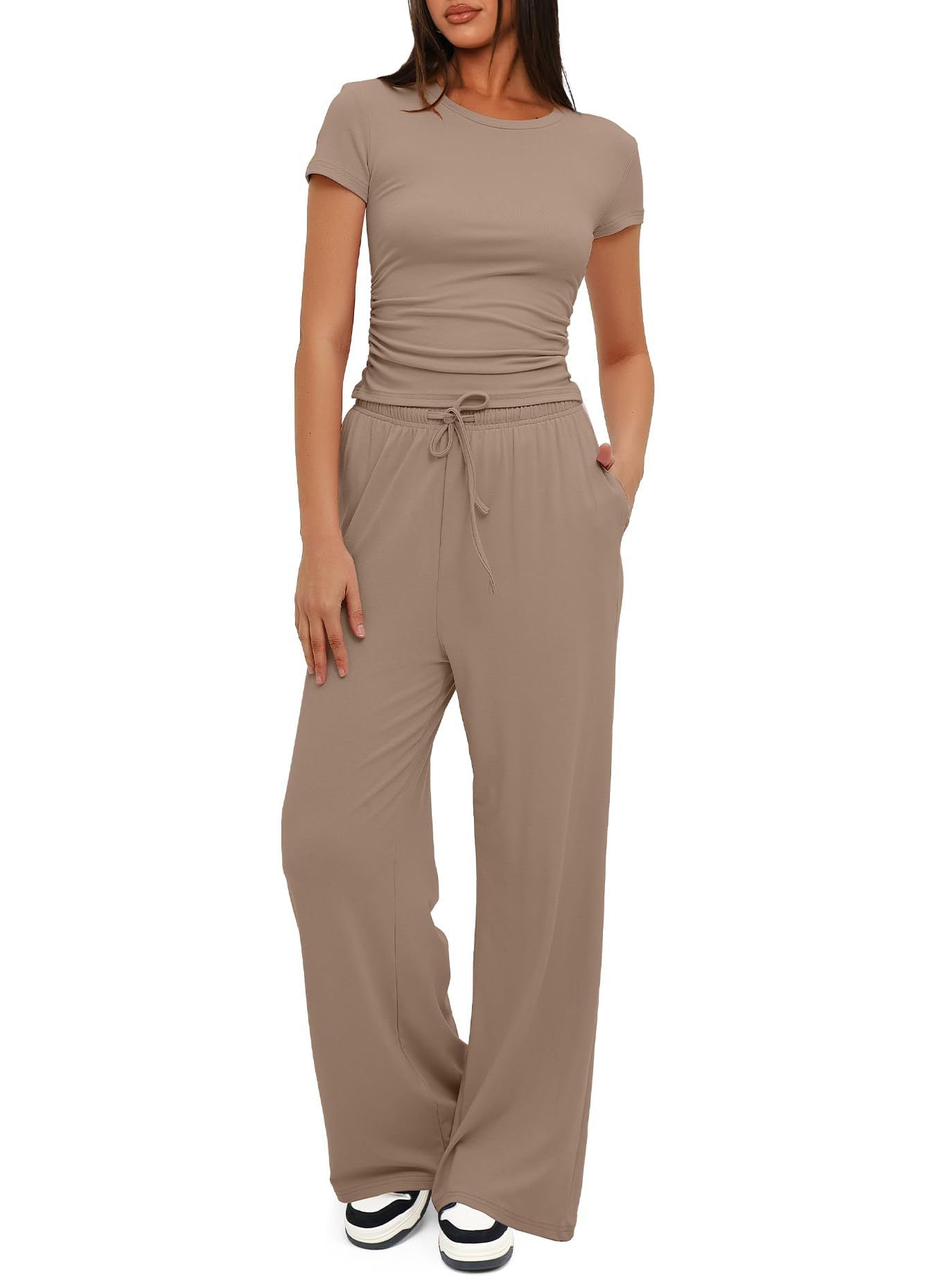 Short Sleeve Top with Matching Drawstring Wide-Leg Pants