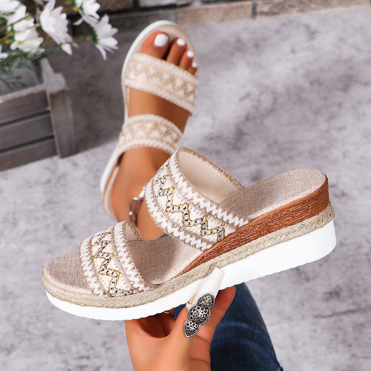 Woven Wide Linen Strap Ethnic Sandals with Wedge Heel