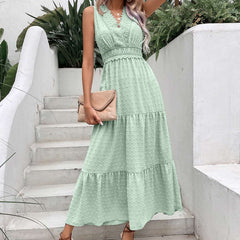V-Neck Dotted Sleeveless Maxi Dress with Open Back