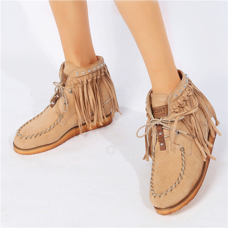 Suede Lace-Up Moccasins with Fringe and Thick Sole in 3 Colors