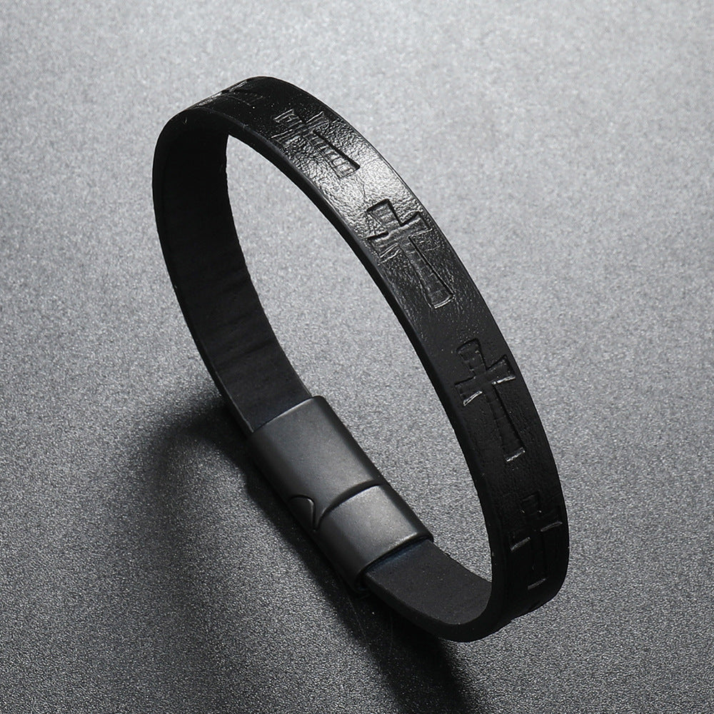 Lederarmband mit Kreuzdruck und Magnetschließe