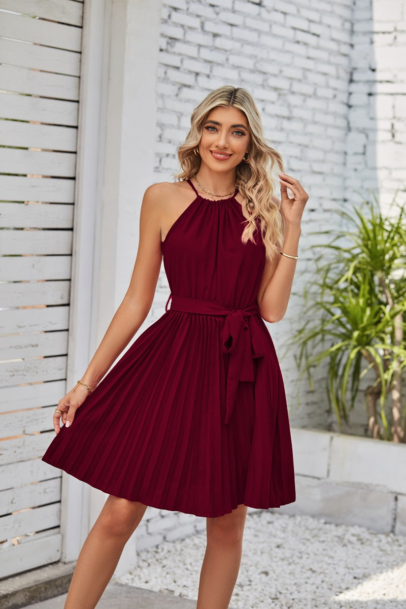 Halter Neck Pleated Chiffon Midi Dress with Waist Tie in 8 Colors S-XXL