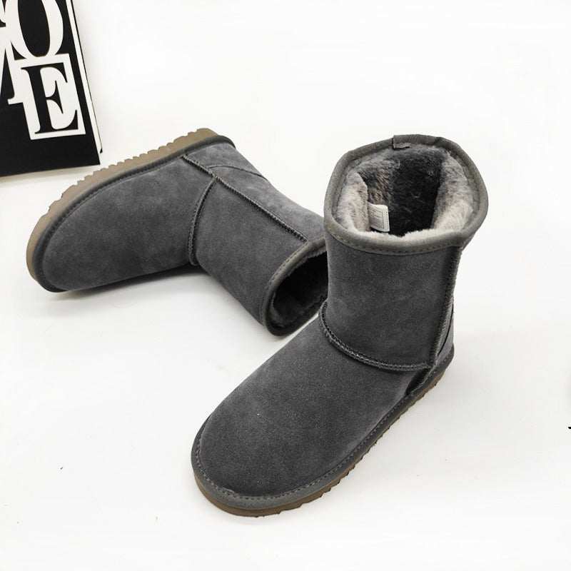 Leather Mid-Calf Flat Heel Snow Boots