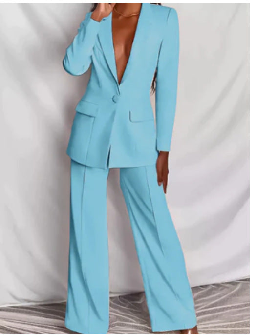 Business Suit with Long Sleeve Jacket and Wide Leg Pants